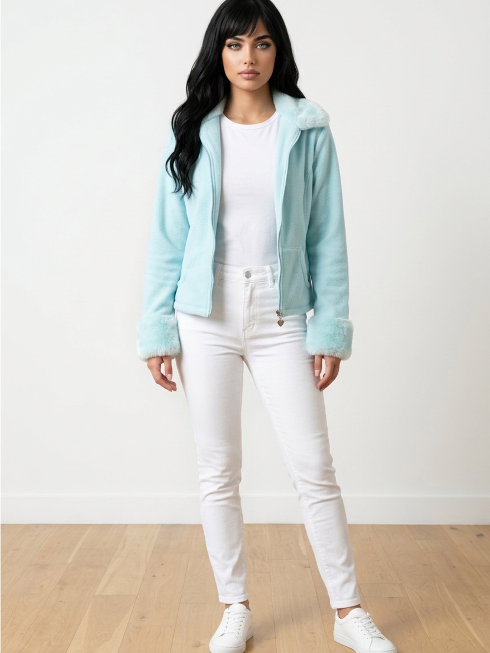 La Vie En Rose Light Blue Faux-Fur Trim Zip Hoodie